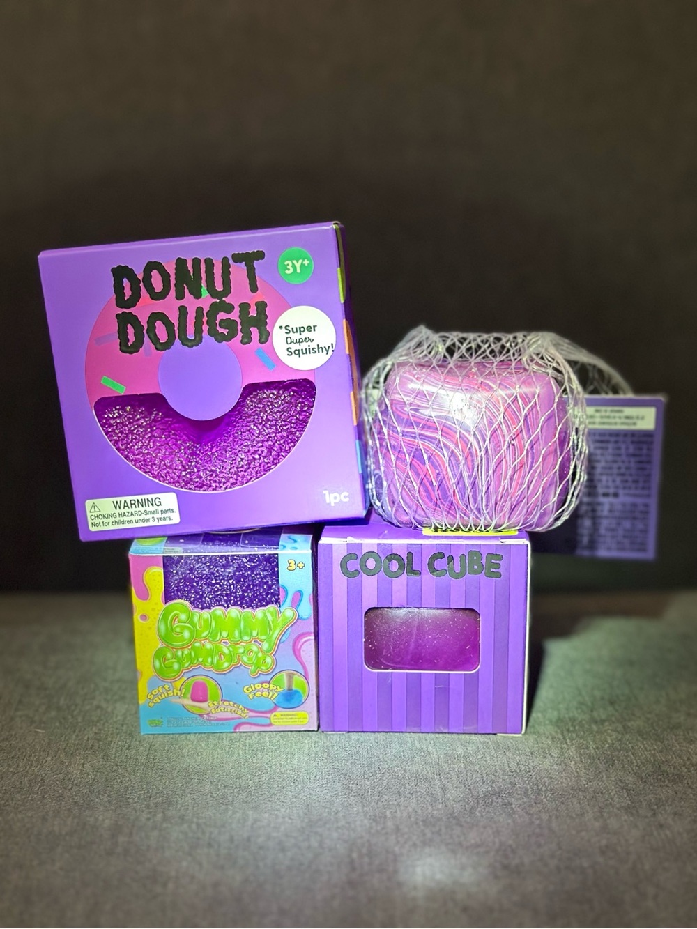 Viral Squishy Bundle 4 - Donut Dough, Cool Cube Squishy, Gummy Gumdrop (Purple)
